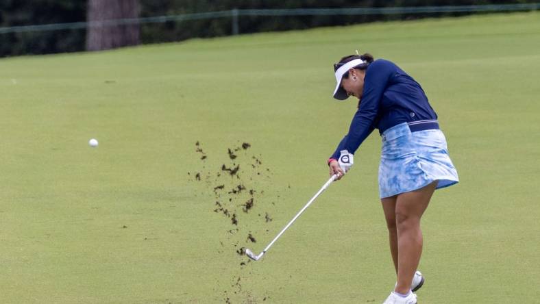 Apr 21, 2023; The Woodlands, Texas, USA;  Lilia Vu (USA) hits her fairway shot on the ninth hole during the second round of The Chevron Championship golf tournament. Mandatory Credit: Thomas Shea-USA TODAY Sports