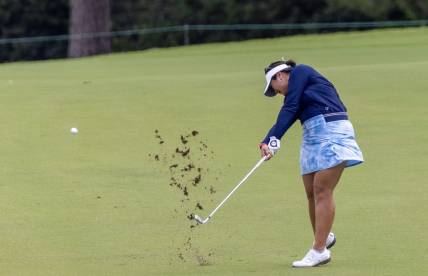 Apr 21, 2023; The Woodlands, Texas, USA;  Lilia Vu (USA) hits her fairway shot on the ninth hole during the second round of The Chevron Championship golf tournament. Mandatory Credit: Thomas Shea-USA TODAY Sports