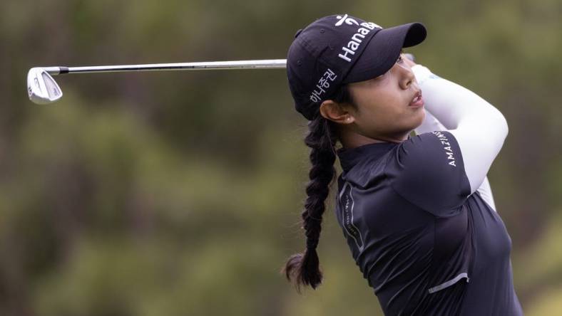 Apr 21, 2023; The Woodlands, Texas, USA;  Patty Tavatanakit  (THA) drives off the 17th tee during the second round of The Chevron Championship golf tournament. Mandatory Credit: Thomas Shea-USA TODAY Sports