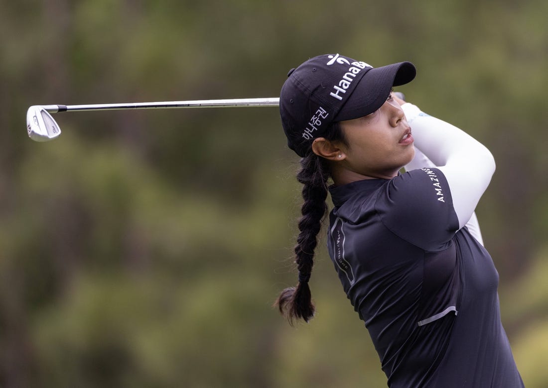 Apr 21, 2023; The Woodlands, Texas, USA;  Patty Tavatanakit  (THA) drives off the 17th tee during the second round of The Chevron Championship golf tournament. Mandatory Credit: Thomas Shea-USA TODAY Sports