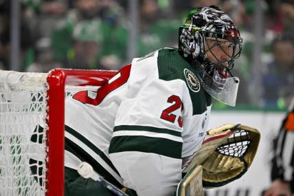 Apr 19, 2023; Dallas, Texas, USA; Minnesota Wild goaltender Marc-Andre Fleury (29) in action during the game between the Dallas Stars and the Minnesota Wild in game two of the first round of the 2023 Stanley Cup Playoffs at American Airlines Center. Mandatory Credit: Jerome Miron-USA TODAY Sports