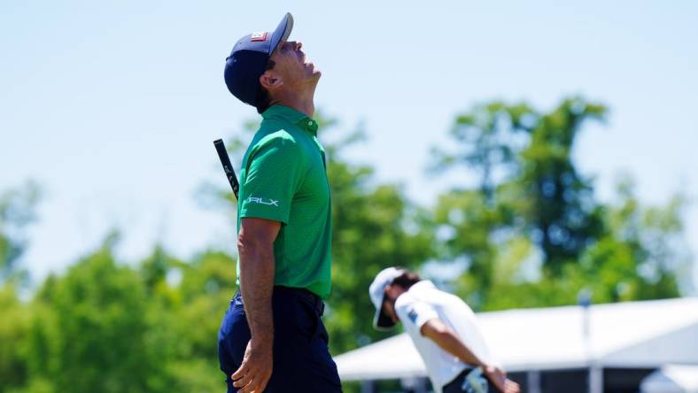 Apr 22, 2023; Avondale, Louisiana, USA; Billy Horschel reacts to missing a putt on the 18th green during the third round of the Zurich Classic of New Orleans golf tournament. Mandatory Credit: Andrew Wevers-USA TODAY Sports