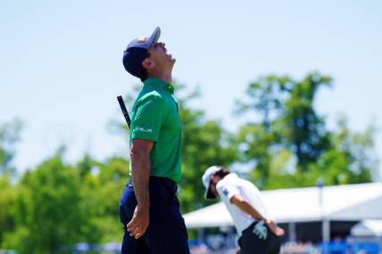 Apr 22, 2023; Avondale, Louisiana, USA; Billy Horschel reacts to missing a putt on the 18th green during the third round of the Zurich Classic of New Orleans golf tournament. Mandatory Credit: Andrew Wevers-USA TODAY Sports