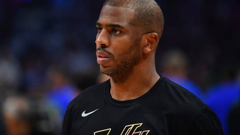 Apr 22, 2023; Los Angeles, California, USA; Phoenix Suns guard Chris Paul (3) before playing against the Los Angeles Clippers in game four of the 2023 NBA playoffs at Crypto.com Arena. Mandatory Credit: Gary A. Vasquez-USA TODAY Sports