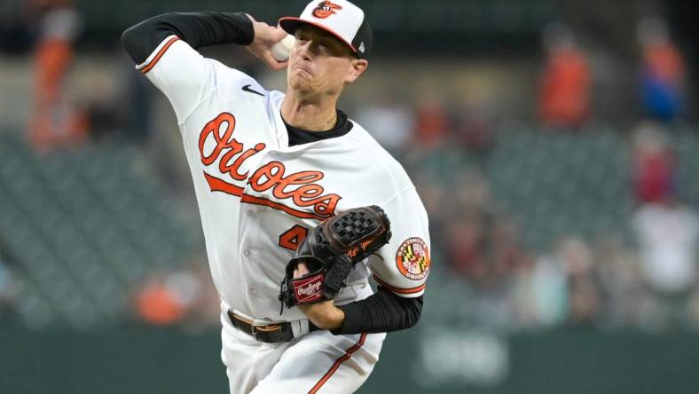 Apr 22, 2023; Baltimore, Maryland, USA;  Baltimore Orioles starting pitcher Kyle Gibson (48) throws a first inning pitch against the Detroit Tigers at Oriole Park at Camden Yards. Mandatory Credit: Tommy Gilligan-USA TODAY Sports