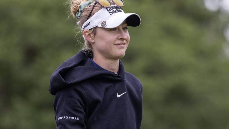 Apr 23, 2023; The Woodlands, Texas, USA;  Nelly Korda (USA) walks the first fairway during the final round of The Chevron Championship golf tournament. Mandatory Credit: Thomas Shea-USA TODAY Sports