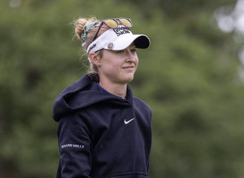 Apr 23, 2023; The Woodlands, Texas, USA;  Nelly Korda (USA) walks the first fairway during the final round of The Chevron Championship golf tournament. Mandatory Credit: Thomas Shea-USA TODAY Sports