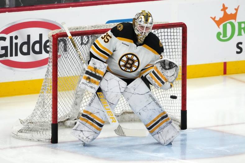 Apr 23, 2023; Sunrise, Florida, USA; Boston Bruins goaltender Linus Ullmark (35) warms up prior to game four against the Florida Panthers  in the first round of the 2023 Stanley Cup Playoffs at FLA Live Arena. Mandatory Credit: Jasen Vinlove-USA TODAY Sports