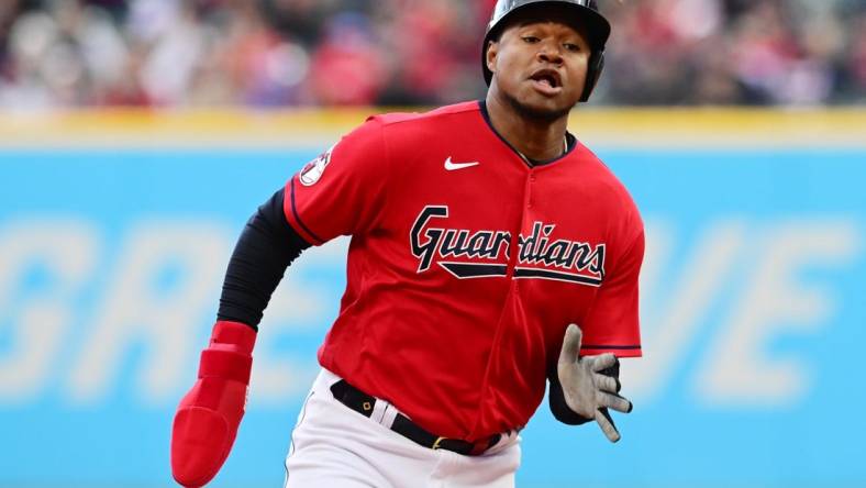 Apr 23, 2023; Cleveland, Ohio, USA; Cleveland Guardians right fielder Oscar Gonzalez (39) advances to third during the third inning against the Miami Marlins at Progressive Field. Mandatory Credit: Ken Blaze-USA TODAY Sports