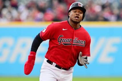 Apr 23, 2023; Cleveland, Ohio, USA; Cleveland Guardians right fielder Oscar Gonzalez (39) advances to third during the third inning against the Miami Marlins at Progressive Field. Mandatory Credit: Ken Blaze-USA TODAY Sports
