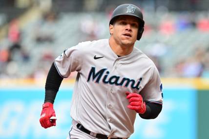 Apr 23, 2023; Cleveland, Ohio, USA; Miami Marlins designated hitter Avisail Garcia (24) rounds the bases after hitting a home run during the eighth inning against the Cleveland Guardians at Progressive Field. Mandatory Credit: Ken Blaze-USA TODAY Sports