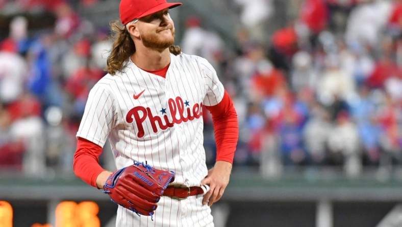 Apr 25, 2023; Philadelphia, Pennsylvania, USA; Philadelphia Phillies starting pitcher Bailey Falter (70) reacts after allowing a home run against the Seattle Mariners during the fifth inning at Citizens Bank Park. Mandatory Credit: Eric Hartline-USA TODAY Sports