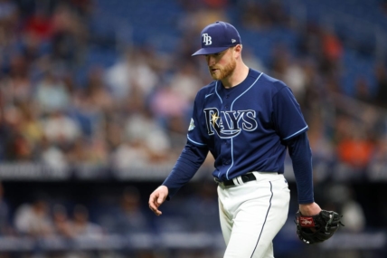 Apr 25, 2023; St. Petersburg, Florida, USA;  Tampa Bay Rays starting pitcher Drew Rasmussen (57) leaves the game against the Houston Astros in the fifth inning at Tropicana Field. Mandatory Credit: Nathan Ray Seebeck-USA TODAY Sports