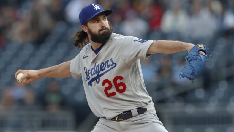 Apr 26, 2023; Pittsburgh, Pennsylvania, USA;  Los Angeles Dodgers starting pitcher Tony Gonsolin (26) delivers a pitch against the Pittsburgh Pirates during the first inning at PNC Park. Mandatory Credit: Charles LeClaire-USA TODAY Sports