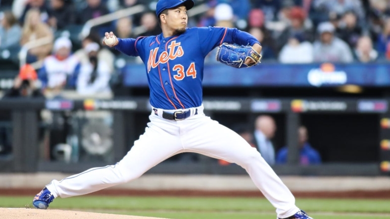 Apr 26, 2023; New York City, New York, USA;  New York Mets starting pitcher Kodai Senga (34) pitches in the first inning against the Washington Nationals at Citi Field. Mandatory Credit: Wendell Cruz-USA TODAY Sports