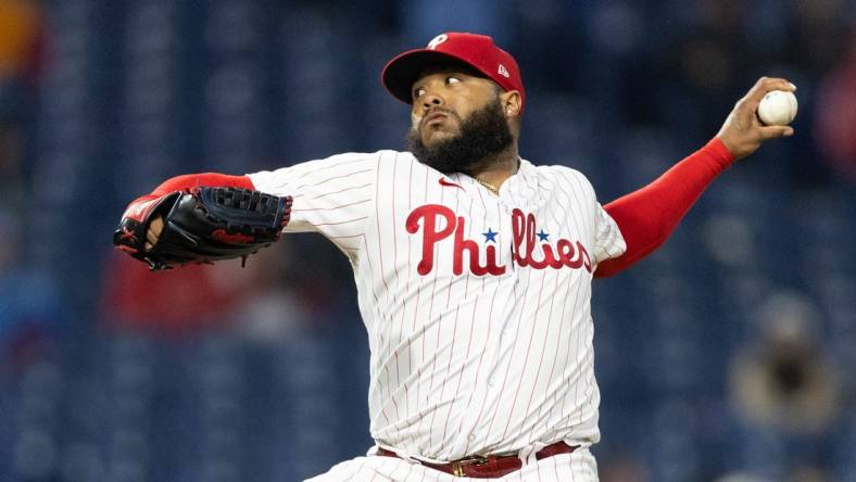 Apr 26, 2023; Philadelphia, Pennsylvania, USA; Philadelphia Phillies relief pitcher Jose Alvarado (46) throws a pitch during the ninth inning against the Seattle Mariners at Citizens Bank Park. Mandatory Credit: Bill Streicher-USA TODAY Sports