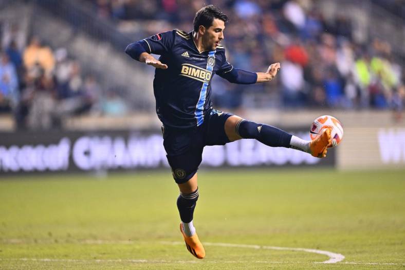 Apr 26, 2023; Chester, PA, USA; Philadelphia Union forward Julian Carranza (9) jumps for the ball against Los Angeles FC in the first half at Subaru Park. Mandatory Credit: Kyle Ross-USA TODAY Sports