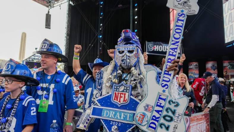 Apr 27, 2023; Kansas City, MO, USA; Indianapolis Colts fan pose for a photo before the first round of the 2023 NFL Draft at Union Station. Mandatory Credit: Kirby Lee-USA TODAY Sports