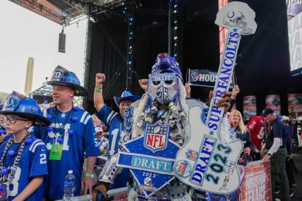 Apr 27, 2023; Kansas City, MO, USA; Indianapolis Colts fan pose for a photo before the first round of the 2023 NFL Draft at Union Station. Mandatory Credit: Kirby Lee-USA TODAY Sports