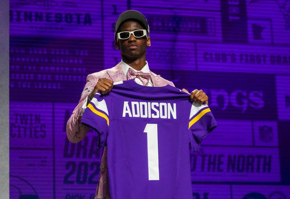 Apr 27, 2023; Kansas City, MO, USA; USC wide receiver Jordan Addison on stage after being selected by the Minnesota Vikings twenty third overall in the first round of the 2023 NFL Draft at Union Station. Mandatory Credit: Kirby Lee-USA TODAY Sports