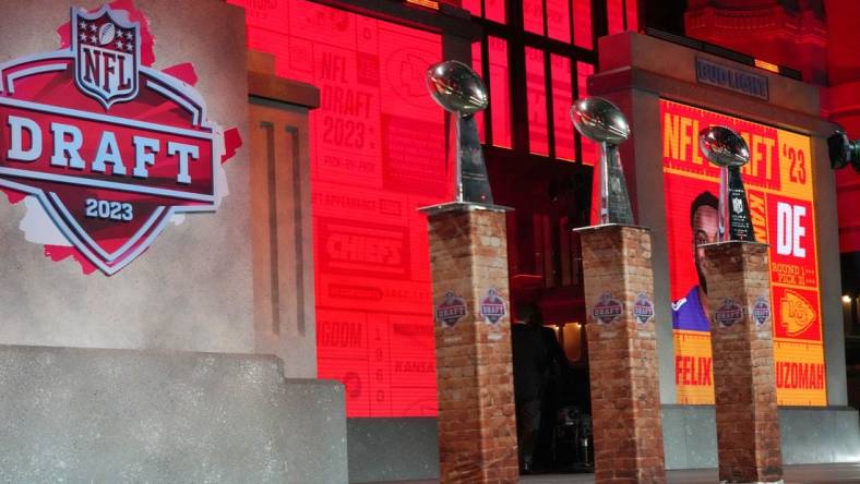 Apr 27, 2023; Kansas City, MO, USA; Kansas City Chiefs Vince Lombardi Trophy on display after the Chiefs thirty first overall pick in the first round of the 2023 NFL Draft at Union Station. Mandatory Credit: Kirby Lee-USA TODAY Sports
