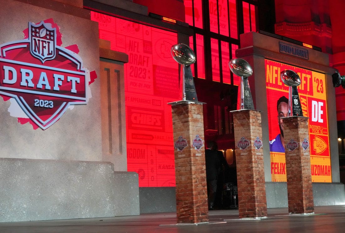 Apr 27, 2023; Kansas City, MO, USA; Kansas City Chiefs Vince Lombardi Trophy on display after the Chiefs thirty first overall pick in the first round of the 2023 NFL Draft at Union Station. Mandatory Credit: Kirby Lee-USA TODAY Sports