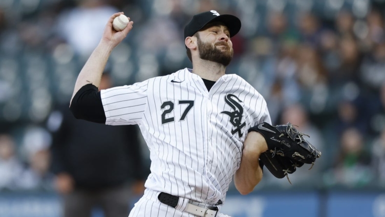 Apr 28, 2023; Chicago, Illinois, USA; Chicago White Sox starting pitcher Lucas Giolito (27) delivers against the Tampa Bay Rays during the first inning at Guaranteed Rate Field. Mandatory Credit: Kamil Krzaczynski-USA TODAY Sports