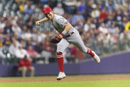 Apr 28, 2023; Milwaukee, Wisconsin, USA;  Los Angeles Angels shortstop Zach Neto (9) throws to first base during the fifth inning against the Milwaukee Brewers at American Family Field. Mandatory Credit: Jeff Hanisch-USA TODAY Sports