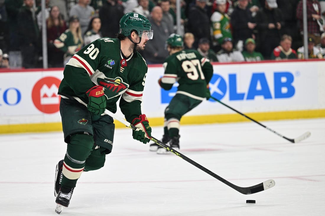 Apr 28, 2023; Saint Paul, Minnesota, USA; Minnesota Wild left wing Marcus Johansson (90) in action against the Dallas Stars during the third period in game six of the first round of the 2023 Stanley Cup Playoffs at Xcel Energy Center. Mandatory Credit: Jeffrey Becker-USA TODAY Sports
