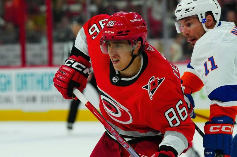 Apr 19, 2023; Raleigh, North Carolina, USA; Carolina Hurricanes left wing Teuvo Teravainen (86) skates against the New York Islanders during the third period in game two of the first round of the 2023 Stanley Cup Playoffs at PNC Arena. Mandatory Credit: James Guillory-USA TODAY Sports