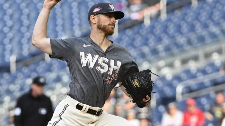 Apr 29, 2023; Washington, District of Columbia, USA; Washington Nationals starting pitcher Chad Kuhl (26) throws to the Pittsburgh Pirates during the first inning at Nationals Park. Mandatory Credit: Brad Mills-USA TODAY Sports