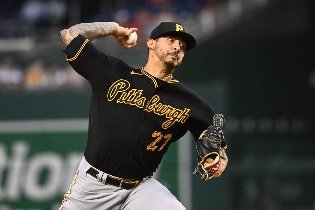 Apr 29, 2023; Washington, District of Columbia, USA; Pittsburgh Pirates starting pitcher Vince Velasquez (27) throws to the Washington Nationals during the fifth inning at Nationals Park. Mandatory Credit: Brad Mills-USA TODAY Sports