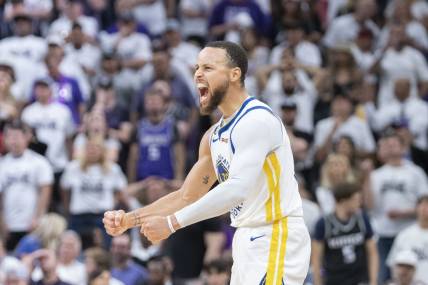 April 30, 2023; Sacramento, California, USA; Golden State Warriors guard Stephen Curry (30) celebrates against the Sacramento Kings during the third quarter in game seven of the 2023 NBA playoffs first round at Golden 1 Center. Mandatory Credit: Kyle Terada-USA TODAY Sports