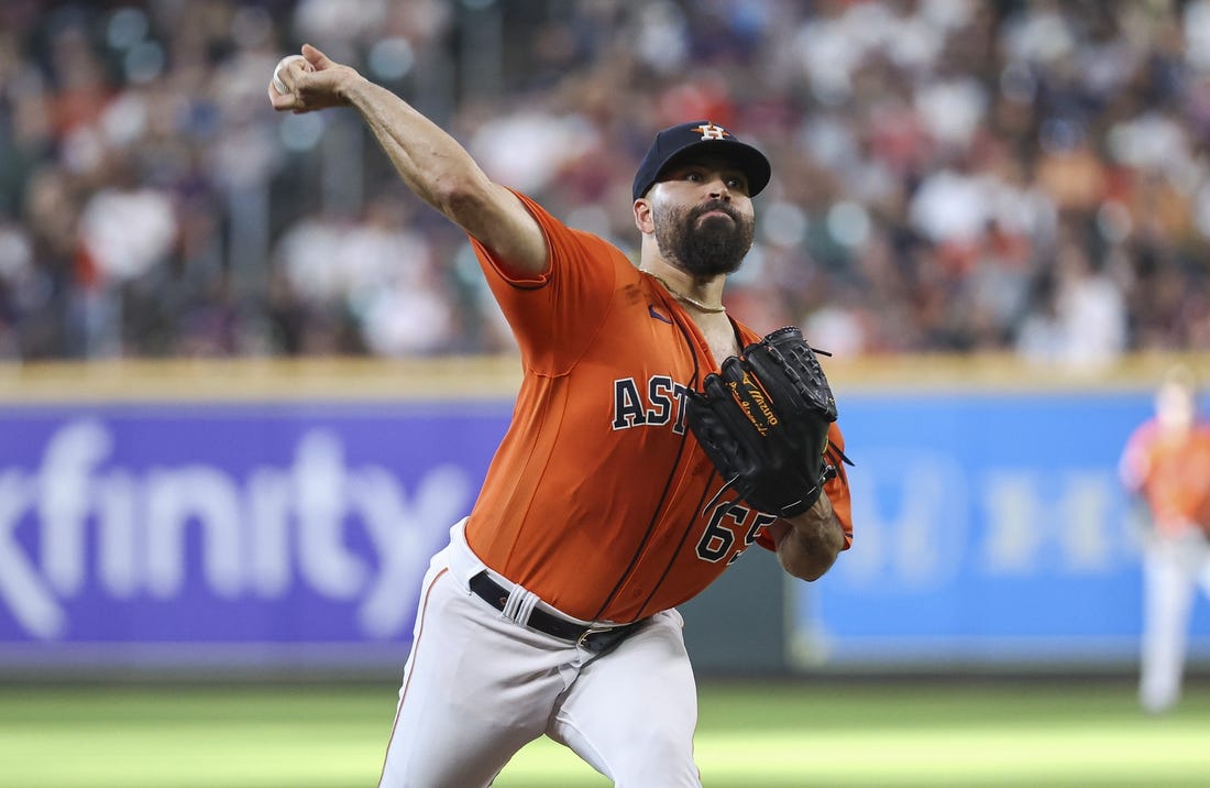 Apr 30, 2023; Houston, Texas, USA; Houston Astros starting pitcher Jose Urquidy (65) delivers a pitch during the second inning against the Philadelphia Phillies at Minute Maid Park. Mandatory Credit: Troy Taormina-USA TODAY Sports