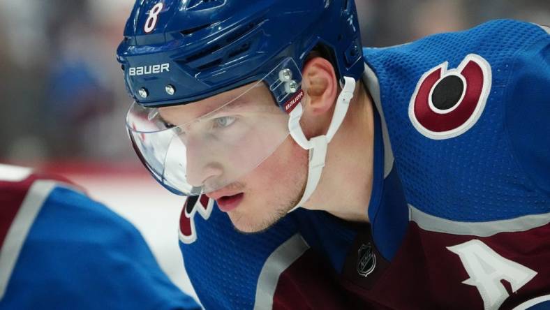 Apr 30, 2023; Denver, Colorado, USA; Colorado Avalanche defenseman Cale Makar (8) during the third period against the Seattle Kraken in game seven of the first round of the 2023 Stanley Cup Playoffs at Ball Arena. Mandatory Credit: Ron Chenoy-USA TODAY Sports