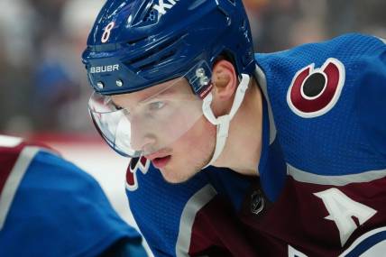 Apr 30, 2023; Denver, Colorado, USA; Colorado Avalanche defenseman Cale Makar (8) during the third period against the Seattle Kraken in game seven of the first round of the 2023 Stanley Cup Playoffs at Ball Arena. Mandatory Credit: Ron Chenoy-USA TODAY Sports