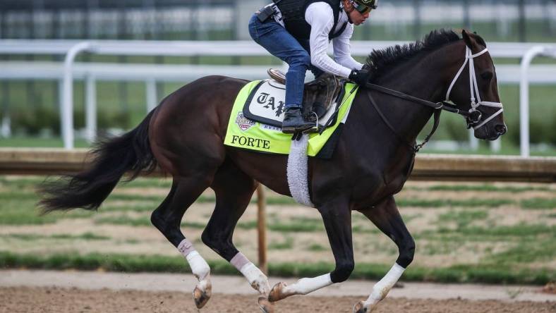 Apr 29, 2023; Louisville, KY, USA; Kentucky Derby contender Forte is worked by jockey Irad Ortiz Jr. at the track Saturday, April 29, 2023, the week before the Derby at Churchill Downs in Louisville, Ky. Mandatory Credit: Matt Stone-USA TODAY Sports