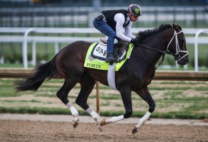 Apr 29, 2023; Louisville, KY, USA; Kentucky Derby contender Forte is worked by jockey Irad Ortiz Jr. at the track Saturday, April 29, 2023, the week before the Derby at Churchill Downs in Louisville, Ky. Mandatory Credit: Matt Stone-USA TODAY Sports