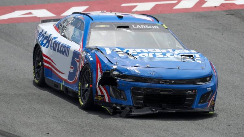 May 1, 2023; Dover, Delaware, USA; NASCAR Cup Series driver Kyle Larson (5) after being involved in an accident during the Wurth 400 at Dover Motor Speedway. Mandatory Credit: Matthew OHaren-USA TODAY Sports