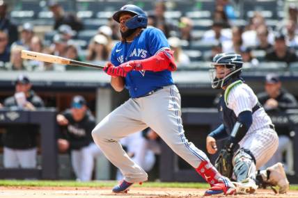 Apr 22, 2023; Bronx, New York, USA;  Toronto Blue Jays first baseman Vladimir Guerrero Jr. (27) at Yankee Stadium. Mandatory Credit: Wendell Cruz-USA TODAY Sports