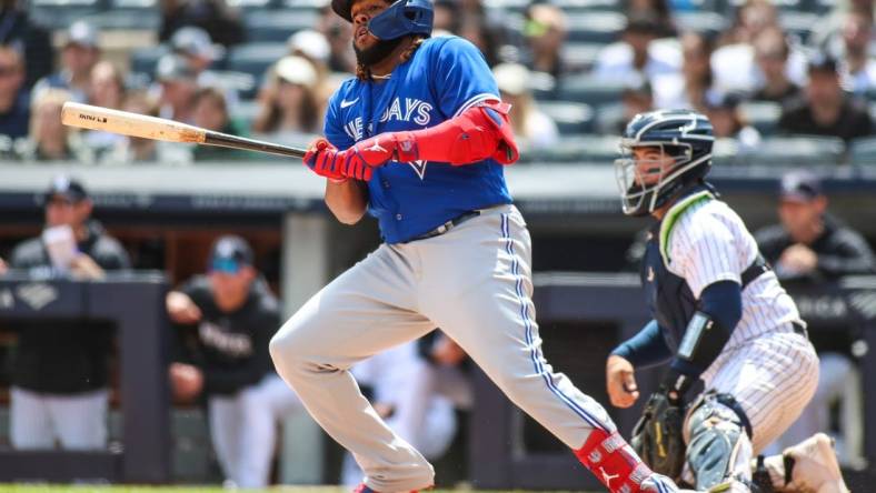 Apr 22, 2023; Bronx, New York, USA;  Toronto Blue Jays first baseman Vladimir Guerrero Jr. (27) at Yankee Stadium. Mandatory Credit: Wendell Cruz-USA TODAY Sports