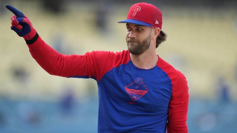 May 1, 2023; Los Angeles, California, USA; Philadelphia Phillies right fielder Bryce Harper before the game against the Los Angeles Dodgers at Dodger Stadium. Mandatory Credit: Kirby Lee-USA TODAY Sports