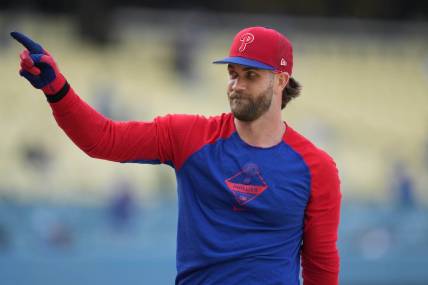 May 1, 2023; Los Angeles, California, USA; Philadelphia Phillies right fielder Bryce Harper before the game against the Los Angeles Dodgers at Dodger Stadium. Mandatory Credit: Kirby Lee-USA TODAY Sports