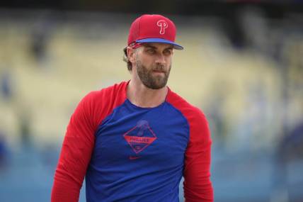 May 1, 2023; Los Angeles, California, USA; Philadelphia Phillies right fielder Bryce Harper before the game against the Los Angeles Dodgers at Dodger Stadium. Mandatory Credit: Kirby Lee-USA TODAY Sports