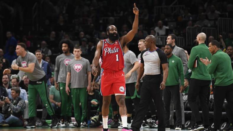 May 1, 2023; Boston, Massachusetts, USA; Philadelphia 76ers guard James Harden (1) reacts after a basket in the second half during game one of the 2023 NBA playoffs against the Boston Celtics at TD Garden. Mandatory Credit: Bob DeChiara-USA TODAY Sports