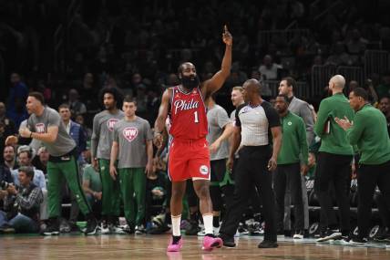 May 1, 2023; Boston, Massachusetts, USA; Philadelphia 76ers guard James Harden (1) reacts after a basket in the second half during game one of the 2023 NBA playoffs against the Boston Celtics at TD Garden. Mandatory Credit: Bob DeChiara-USA TODAY Sports