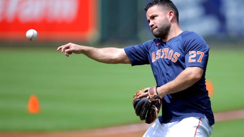 May 2, 2023; Houston, Texas, USA; Houston Astros second baseman Jose Altuve (27) works out prior to the game against the San Francisco Giants at Minute Maid Park. Mandatory Credit: Erik Williams-USA TODAY Sports