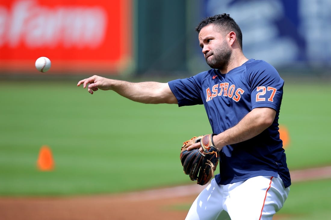 May 2, 2023; Houston, Texas, USA; Houston Astros second baseman Jose Altuve (27) works out prior to the game against the San Francisco Giants at Minute Maid Park. Mandatory Credit: Erik Williams-USA TODAY Sports