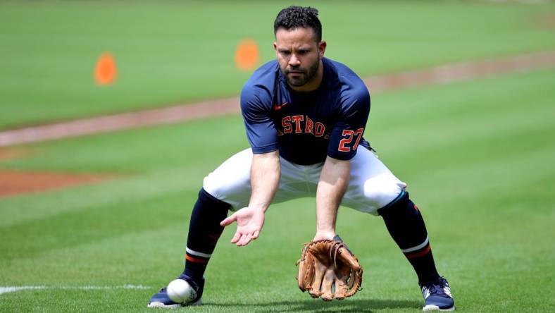 May 2, 2023; Houston, Texas, USA; Houston Astros second baseman Jose Altuve (27) works out prior to the game against the San Francisco Giants at Minute Maid Park. Mandatory Credit: Erik Williams-USA TODAY Sports