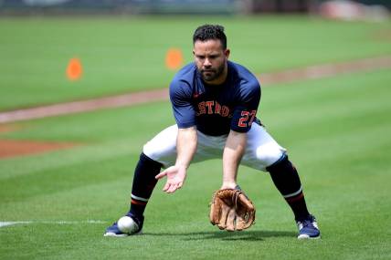 May 2, 2023; Houston, Texas, USA; Houston Astros second baseman Jose Altuve (27) works out prior to the game against the San Francisco Giants at Minute Maid Park. Mandatory Credit: Erik Williams-USA TODAY Sports